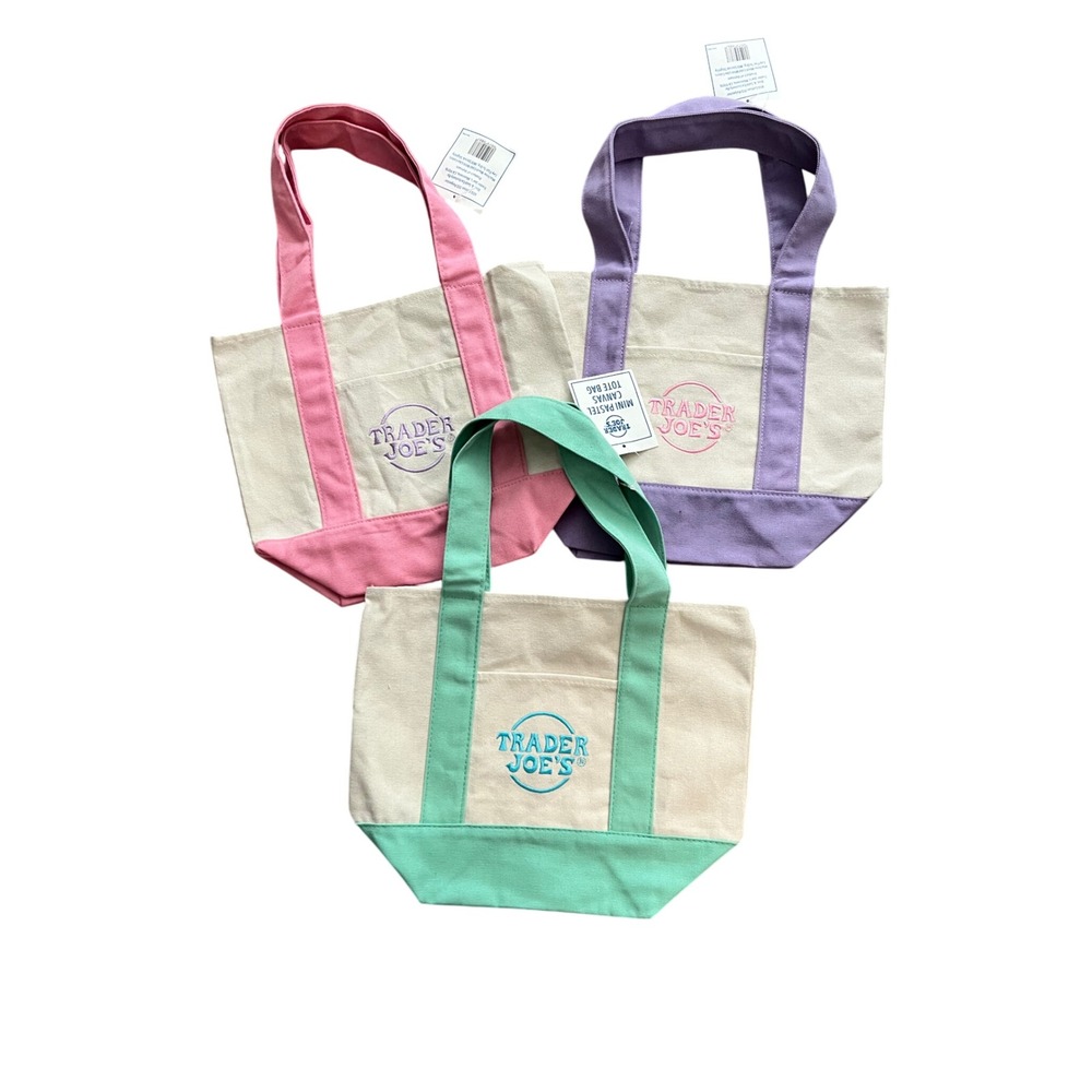 Trader Joe's Mini Pastel Canvas Tote Bag Set of 3 New with Tags